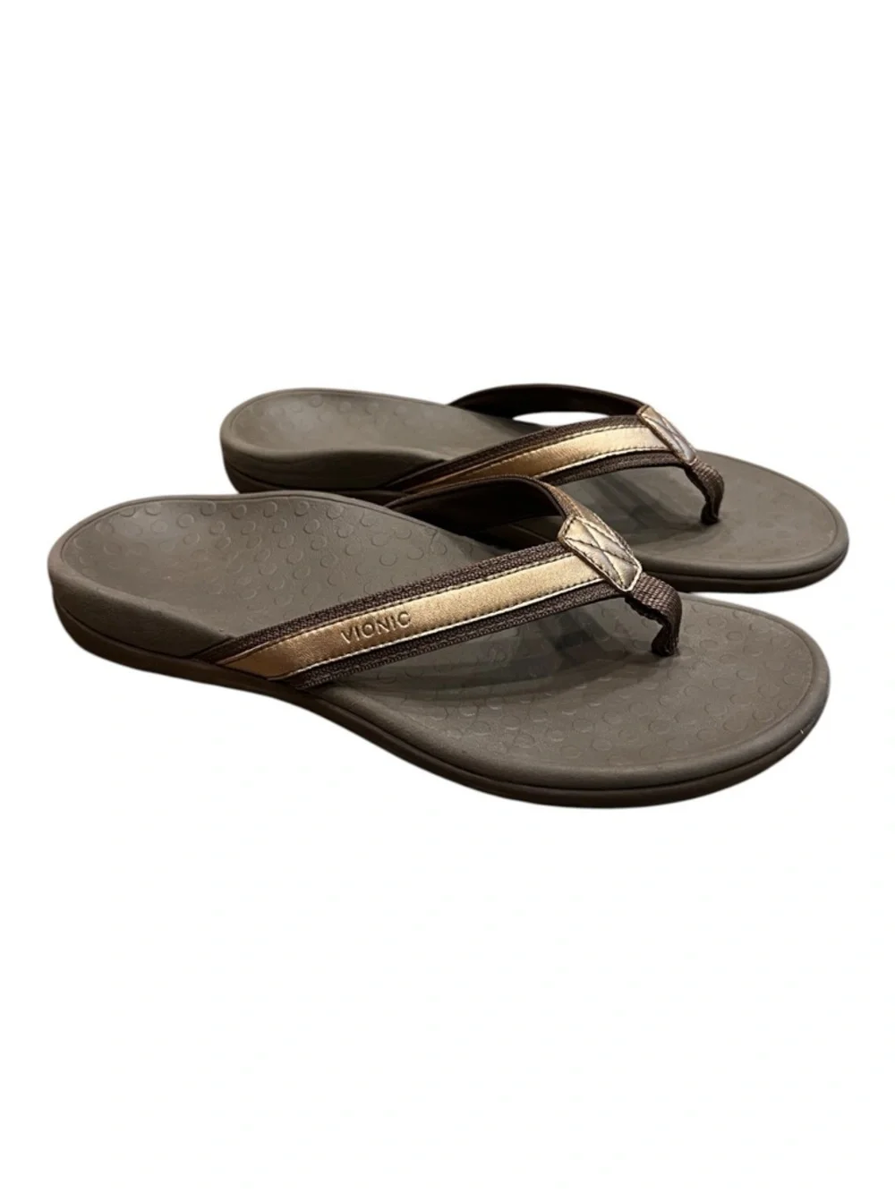Vionic Men’s Tide II Toe Post Sandal Brown and Gold SZ 10